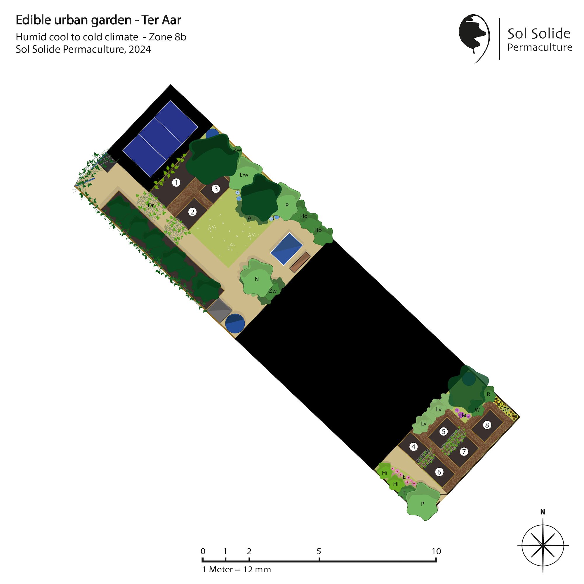 Permacultuur ontwerp van een kleine eetbare stadstuin, gemaakt door Sol Solide Permacultuur